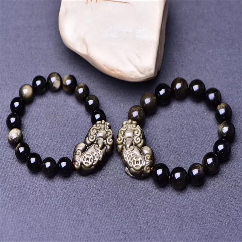Natural Mexican obsidian gold obsidian pixiu Fu pig hand leather hill Buddha beads crystal bracelet