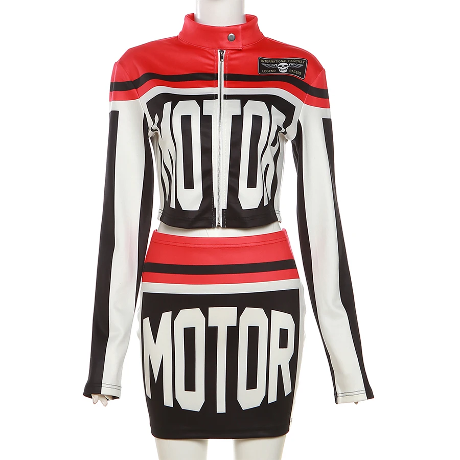 Kliou K23S39950 Cool Girl Racing Style Zipper Tops Jacket+Mini Hip Skirt Suit Autumn Moto & Biker Air Layer Two Piece Set Women