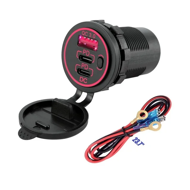 12V USB Outlet Two USB-C PD 80W Power Socket and 18W QC3.0 Socket Waterproof car charger with Power Switch for car bus boat