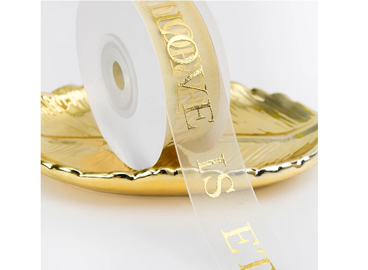 Custom 3D Gold Foil Printed Organza Ribbon Christmas Birthday Festival Cake Bouquet Decoration Gift Packaging Ribbon