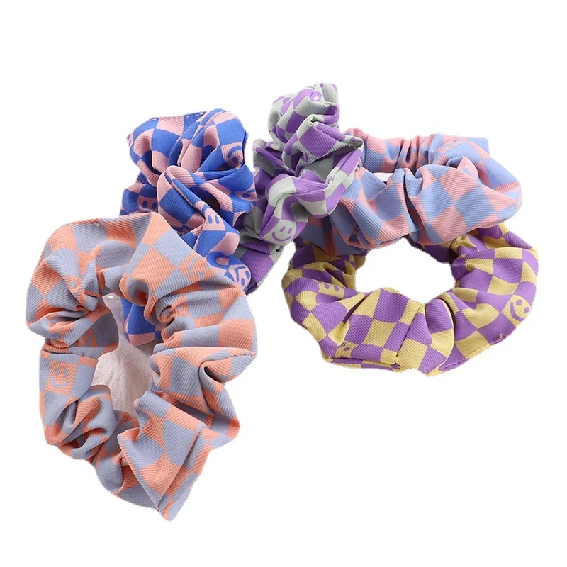 blue purple pink and orange plaid smiley fabric scrunchies for girls and women great summer hair accessories