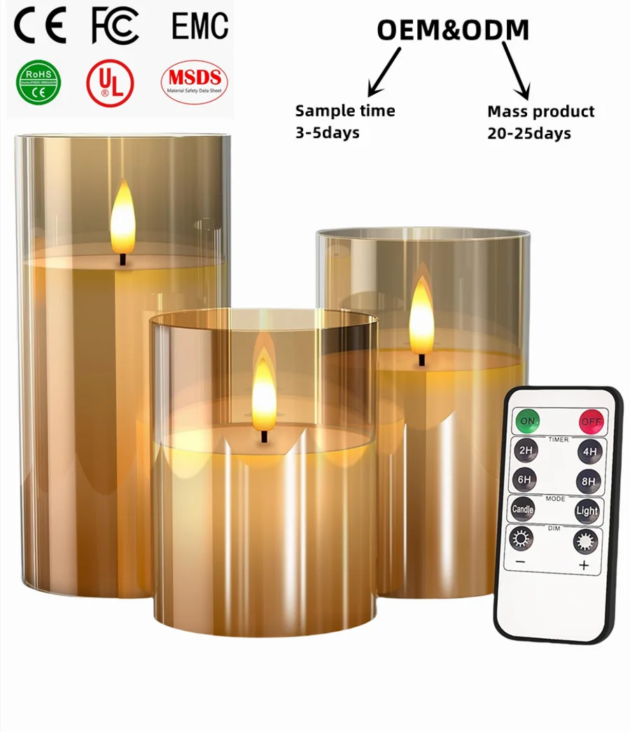 custom glass led candle lights with moving 3d real flame real wax battery flameless  electronic candles set with remote control