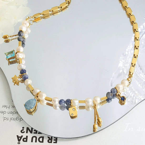 Geometric Water Drop Pendant Natural Stone Freshwater Pearl Beaded Stitching Brass Chain Gold Plated Stainless Steel Necklace