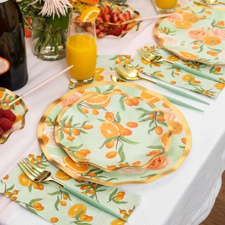 Custom Printing Gold Hot Stamping Rim Paper Plates Orange Pattern Party Tableware Disposable Custom Paper Plate Party Supplies