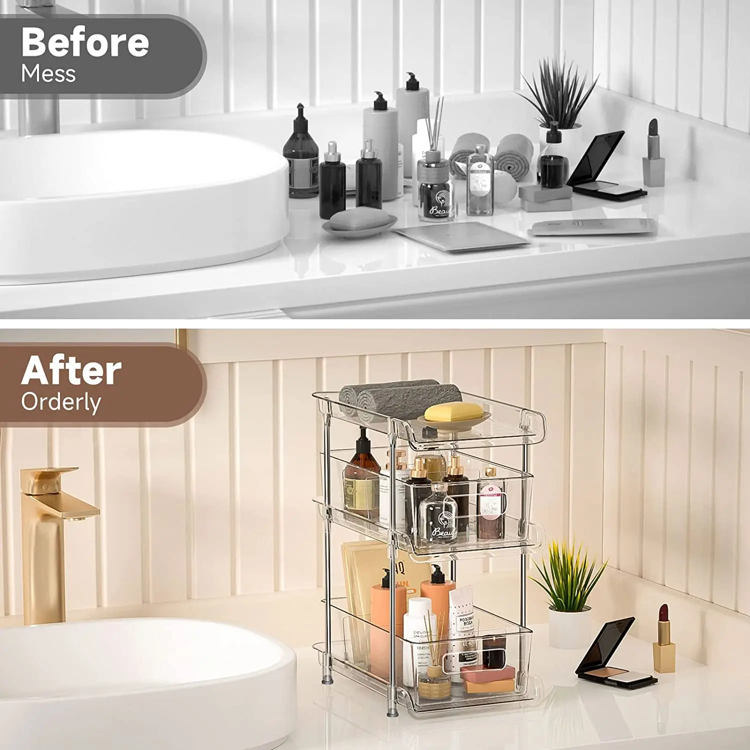 3 Tier Clear Organizer with dividers,  Multi-Purpose Pull-out Pantry storage Under Sink Closet Organizer,transparent storage box