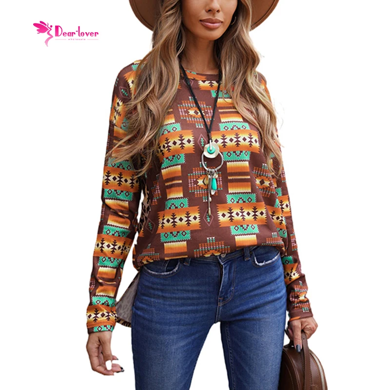 2021 Trendy Tribal Leopard Patchwork Side Split Women Tops Crew Neck Aztec Pullover
