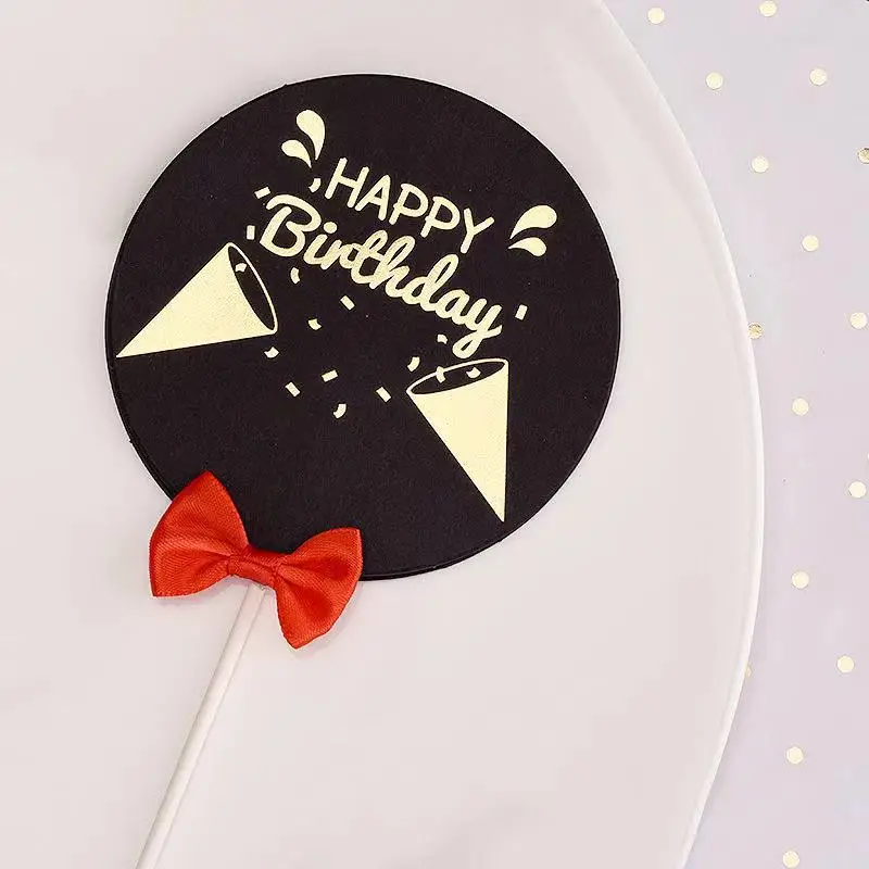 Black card bronzing Printing  with bow tie cake Topper   Happy birthday cake Decoration Make a Cake Topper