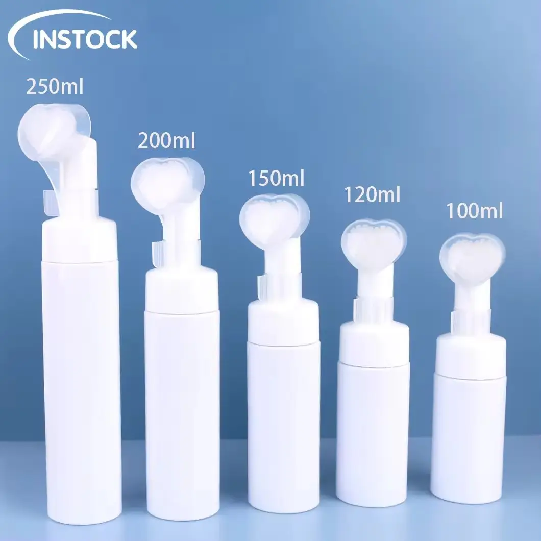 Instock Cosmetic Bottle with Heart Shape Pump 100ml 120ml 150ml 200ml 250ml Hand Soap Dispenser Facial Cleanser Foam Bottle