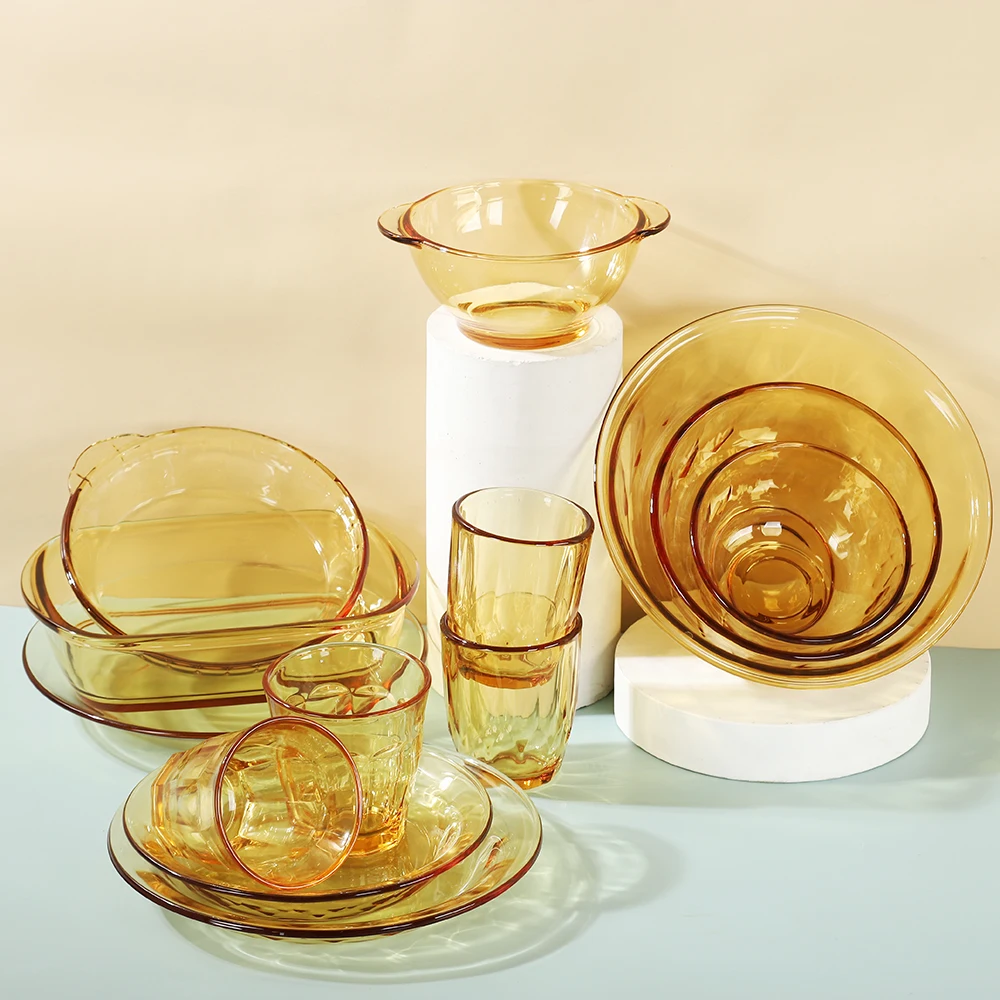 Tableware/Kitchen/Glassware  Microwave Use Household Amber Transparent Glass Bowl Set 450ml 1050ml 2000ml Fruit Salad Bowl