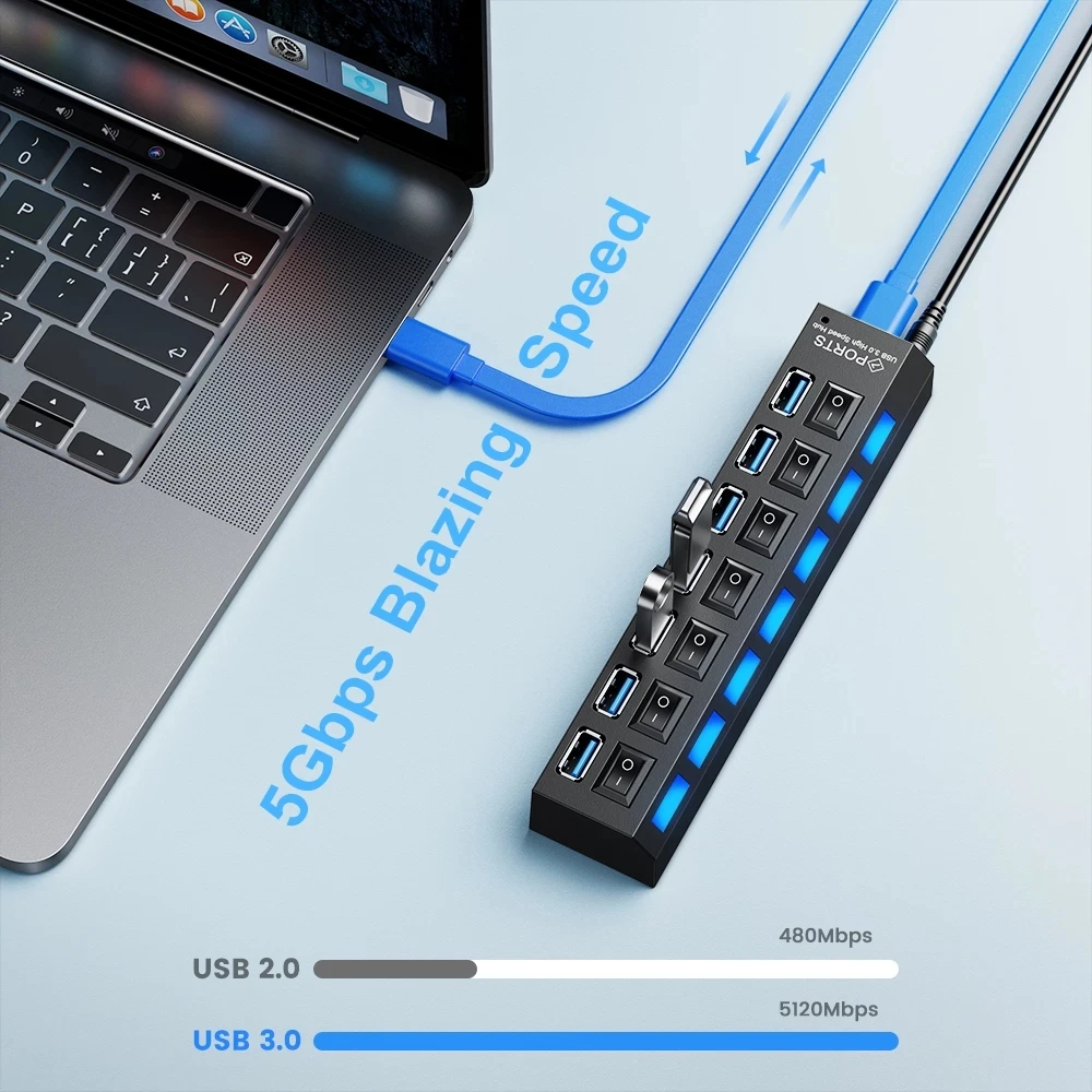 USB Hub 3.0 USB 2.0 Multi USB Splitter Power Adapter 7 Port Multiple Expander 2.0 with Switch for PC Accessories