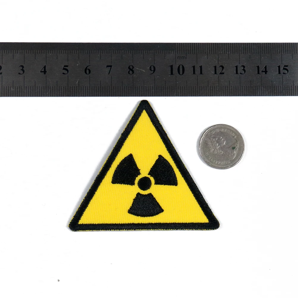 
High quality customized yellow twill heat cut triangle radiation symbol embroidery patches for clothing decoration 