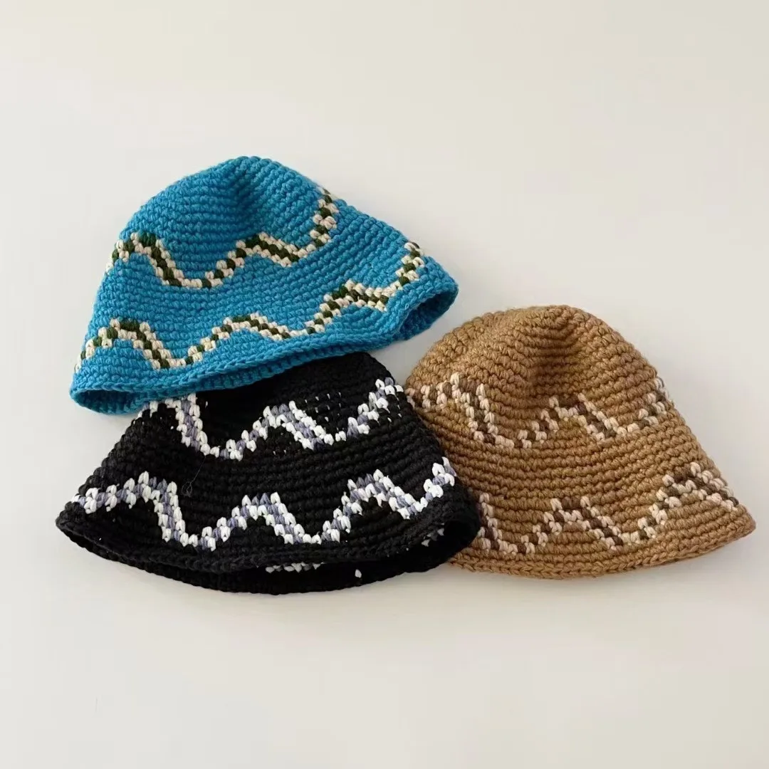 Autumn Casual Crochet Man Wearing Hat Wave Pattern Fishermen Cap Cotton Knitted Bucket Hat