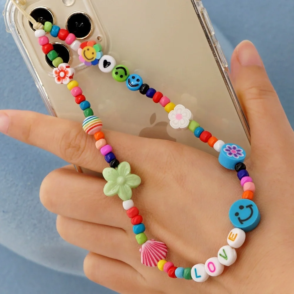 Ziming Customized Designed Polymer Clay Beads Phone Hanger Multiple Disc Clay Beads Smile Face Beads Phone Hanger