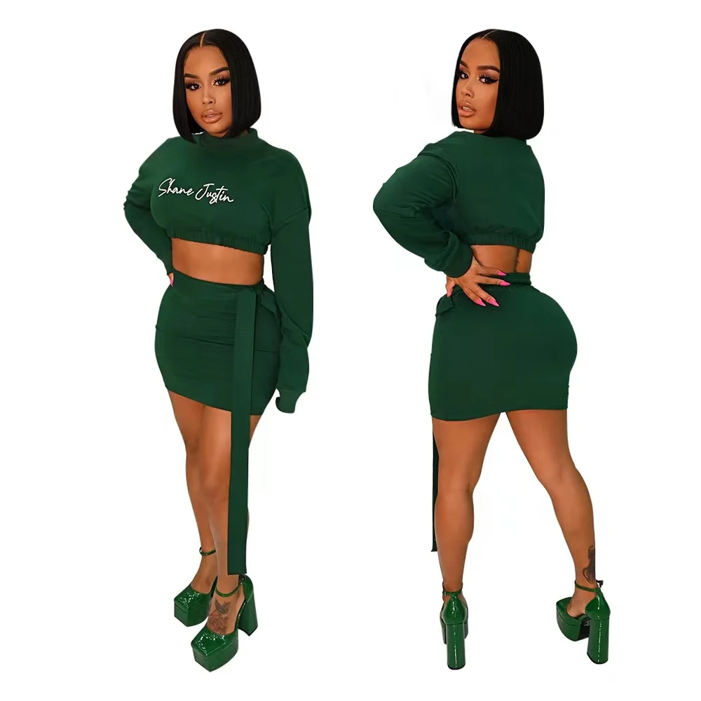 2022 New arrival fashion embroidery short top+ lace up skirt sexy slim fit solid color two pieces sets sports style women suits