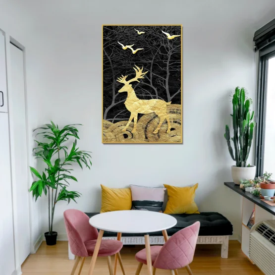 Golden Abstract Deer Tree Bird Wall modern paintings art on canvas Nordic Posters and Prints Decorative Pictures