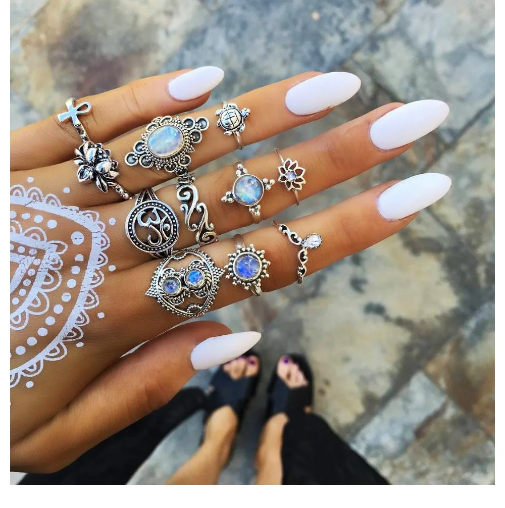 Bohemia Antique Silver Color Crown Flower Unicorn Carved Rings Sets Knuckle Rings for Women Jewelry