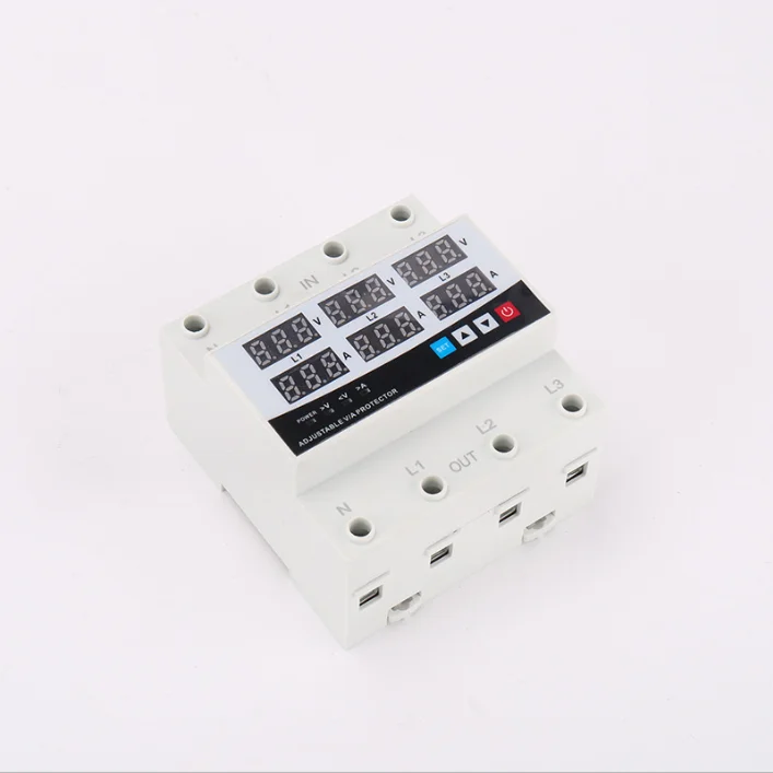 4P 63A Automatic Self-recovery Dual Display Digital Adjustable Over and Under Voltage Protector Over Current Protec