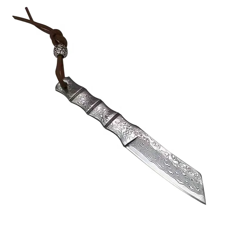 Damascus steel Fixed Blade Knife mini EDC Outdoor camping knife Leather sheath Survival knife
