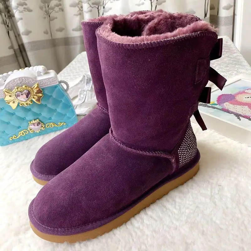 2024 Famous Wholesale Fashion Ladies Sheepskin Women Winter Snow Ribbon Fur Boots with Bows