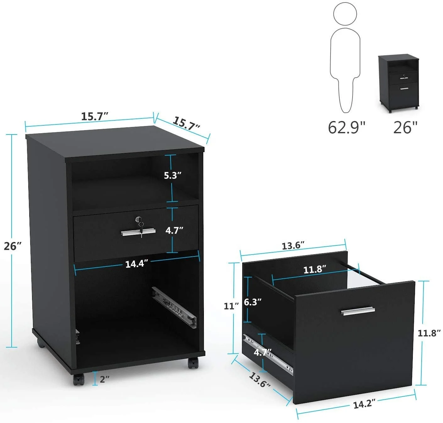 2 Drawer Mobile File Cabinet with Lock, Printer Stand with Rolling Wheels and Open Storage Shelf