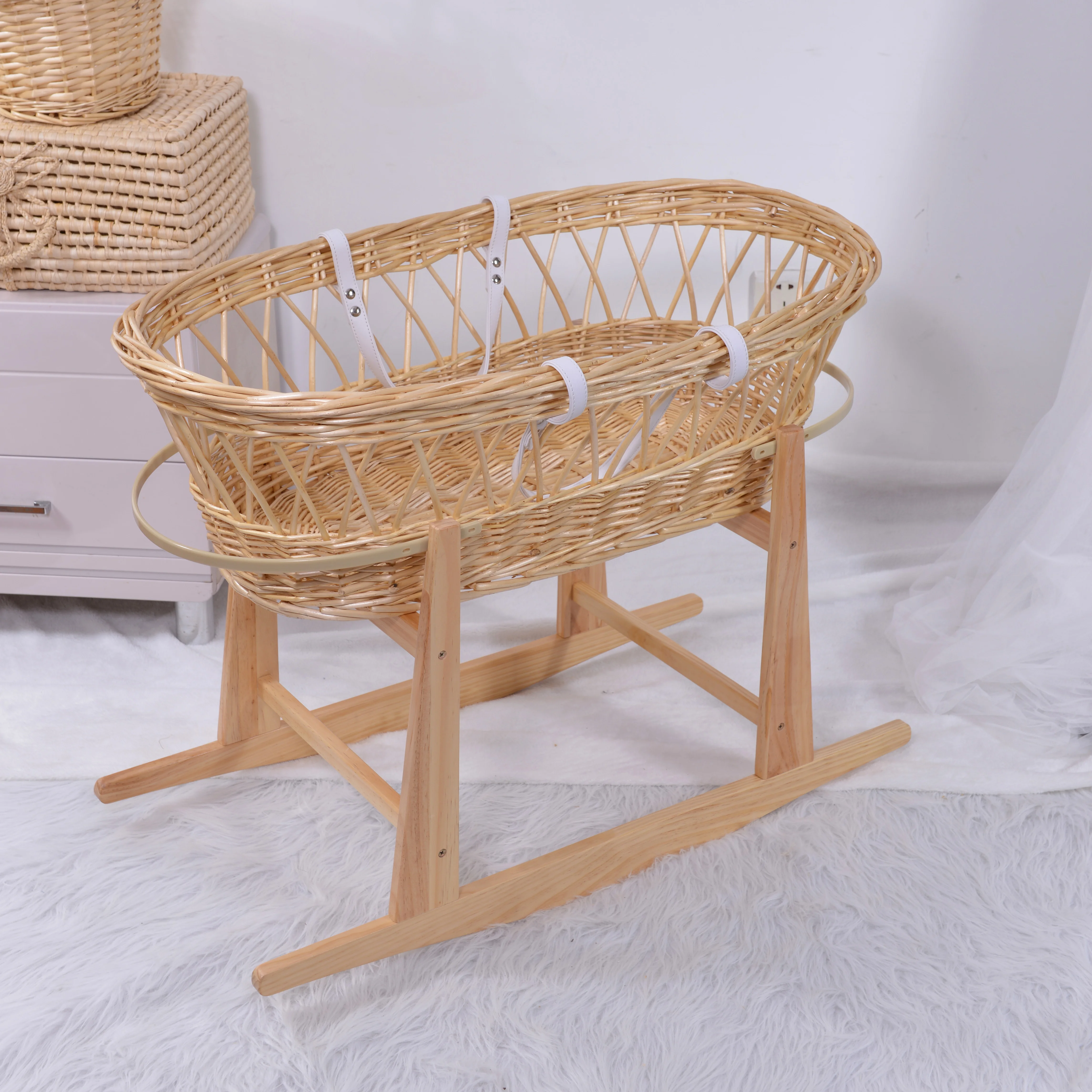 Baby Wicker Moses Basket With Dressing And Rocking Stand