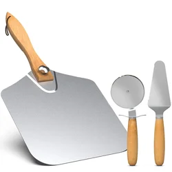 High Quality 3 Pcs Folding Pizza Peel Shovel & Pizza Cutter & Pizza Spatula Sever with Wood Handle for Pizza Cutting Tools