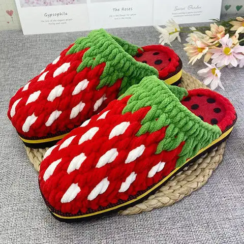 2023 colorful female handworking knitted wool indoor house slippers strawberry winter Christmas home slippers for men women