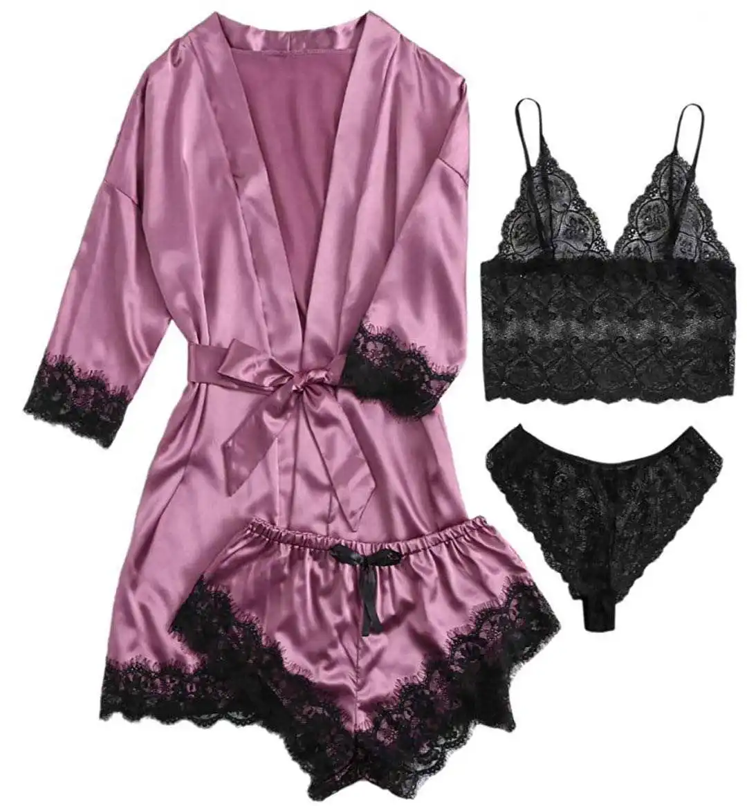 Exotic Sets Silk Satin Kimono women sleepwear Lingerie Sleepwear