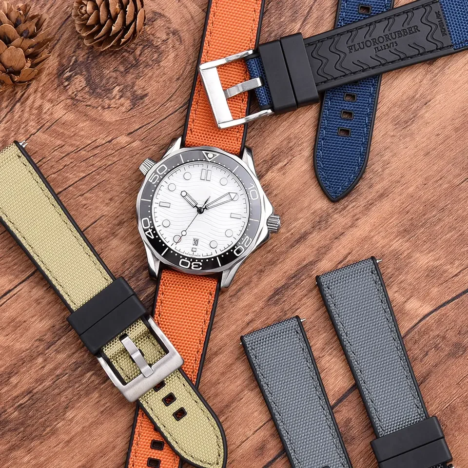 JUELONG Sea Wave  Quick Release Hybrid Rubber Sailcloth Straps Waterproof Fabric FKM Rubber Watch Strap 20 22mm