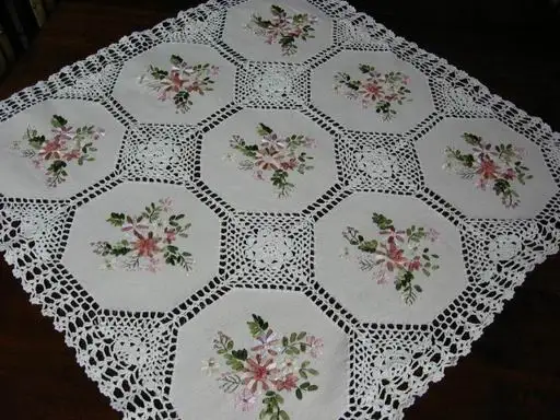ribbon embroidered with crochet lace tablecloth