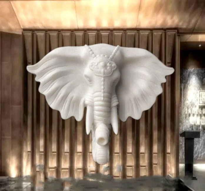 Wall Decorative Animal Head Sculpture Cast Fiberglass  Bronze Marble Wall-mounted Elephant Head Statue