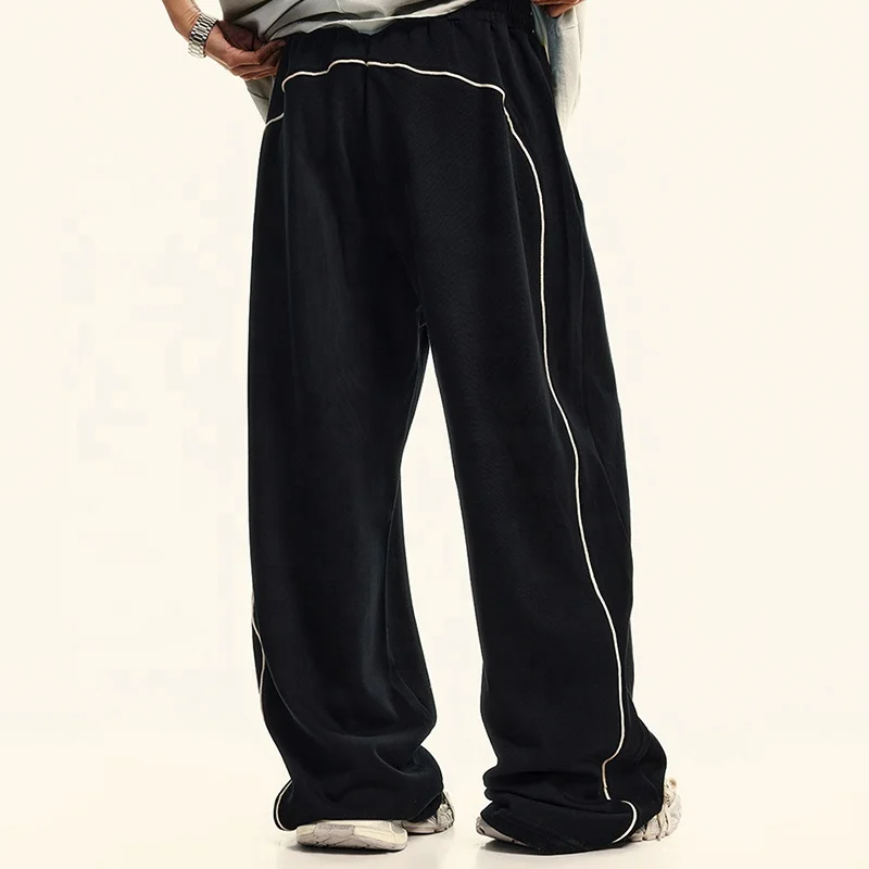 380GSM Heavyweight Loose Back with Contrasting Yarn-dyed Ribbon Design with Drawstring Elastic Belt Straight Leg Tracksuit Pants