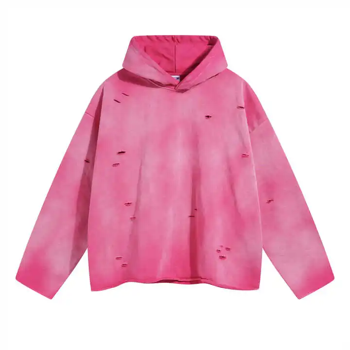 high quality new custom hoodies pink Hip pop vintageTerry acid wash heavyweight distressed hoodie