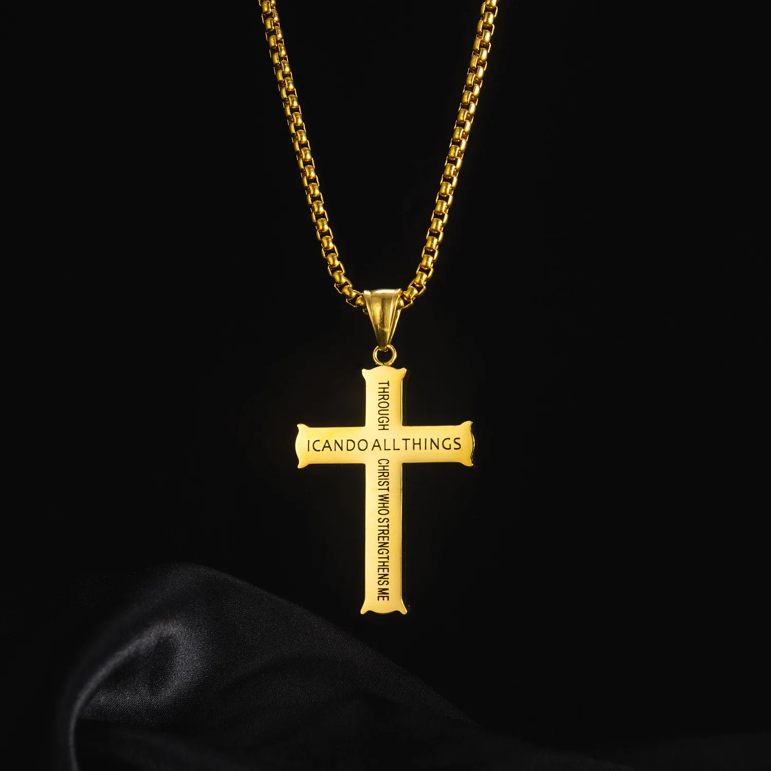  Inspirational Engraved Jewelry I CAN DO ALL THINGS Cross Pendant Custom Logo Stainless Steel Silver Gold Black