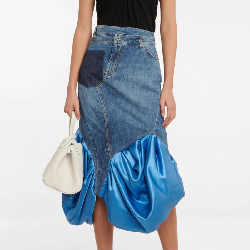 Custom New Fashion Vintage Summer Satin Puff Hem Asymmetric High Low Waist Sexy Pants Straight Women Trousers Jeans Long Skirt