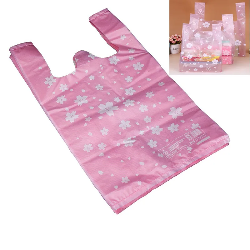 Custom Logo Pink Cherry Blossom Vest Gift Cosmetic Food Packaging Supermarket Shopping Plastic Bags