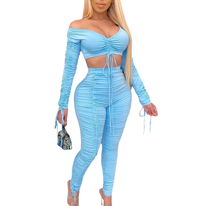 Fashion long sleeve crop top and leggings pants streetwear 2 piece set women