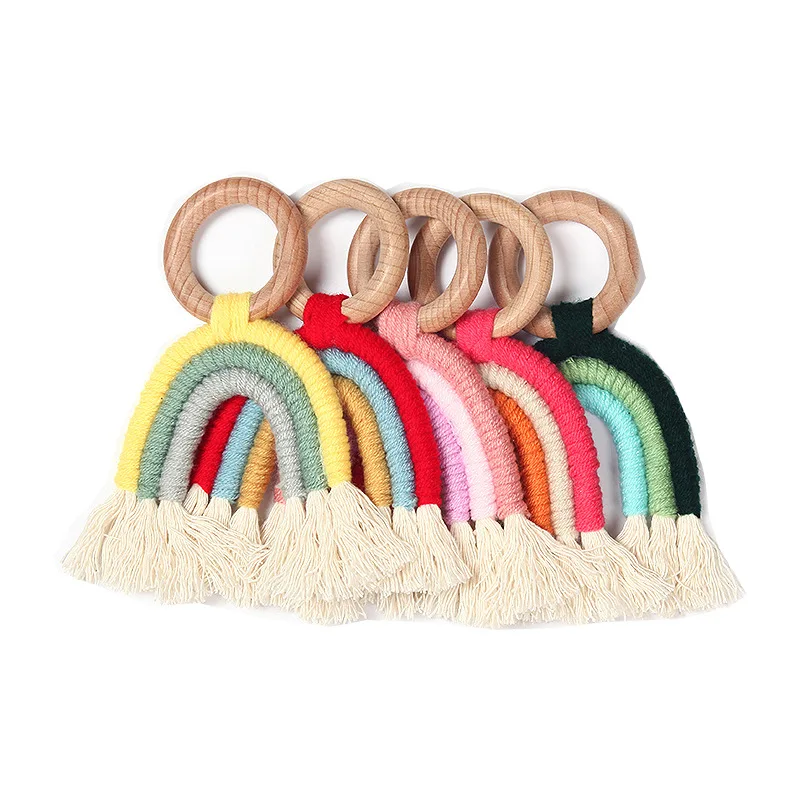 
Newborn Ring Rainbow Teether Macrame Wooden Baby Pacifier Toys Shower Gift Stroller Gift Decoration 