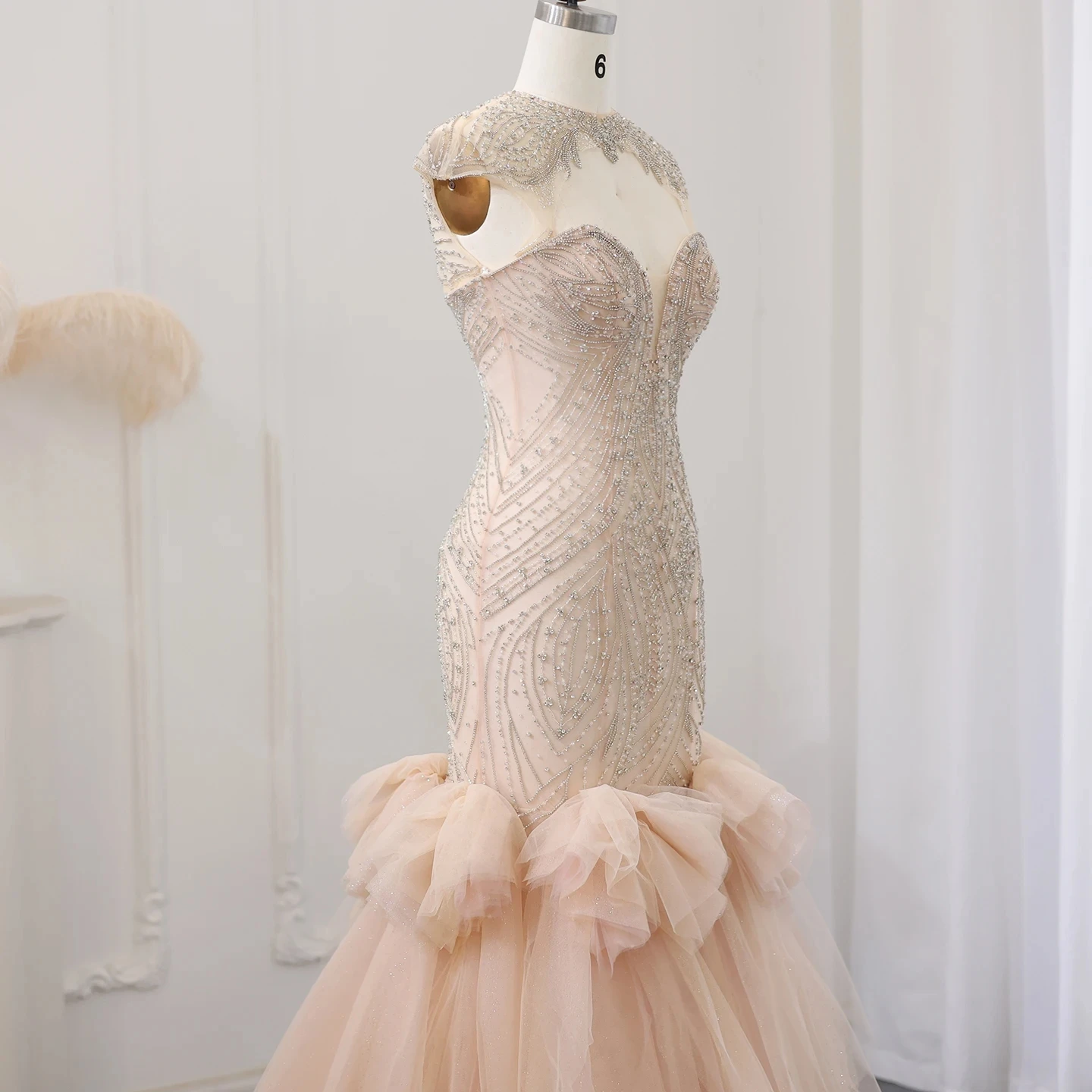 Dubai Luxury Champagne Crystal Mermaid Evening Dress