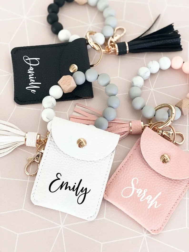 Keychain Wristlet Wallet With Bangle Bracelet Key Ring Colorful Beads Holder Gifts Holiday Women