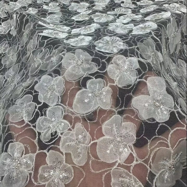 Latest Design Fancy 3d flower lace Fabric Wedding Dress Tulle Lace Fabric African Bridal embroidered net fabric