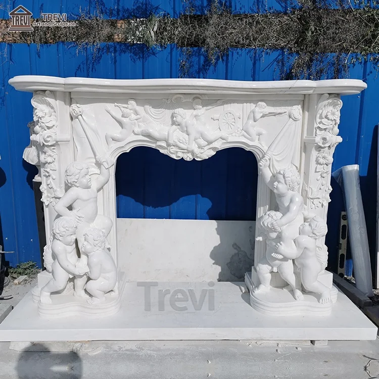 Decorative Natural Stone Fireplace Mantles Baby Angle Statue White Marble Fireplace Frame Surround From China