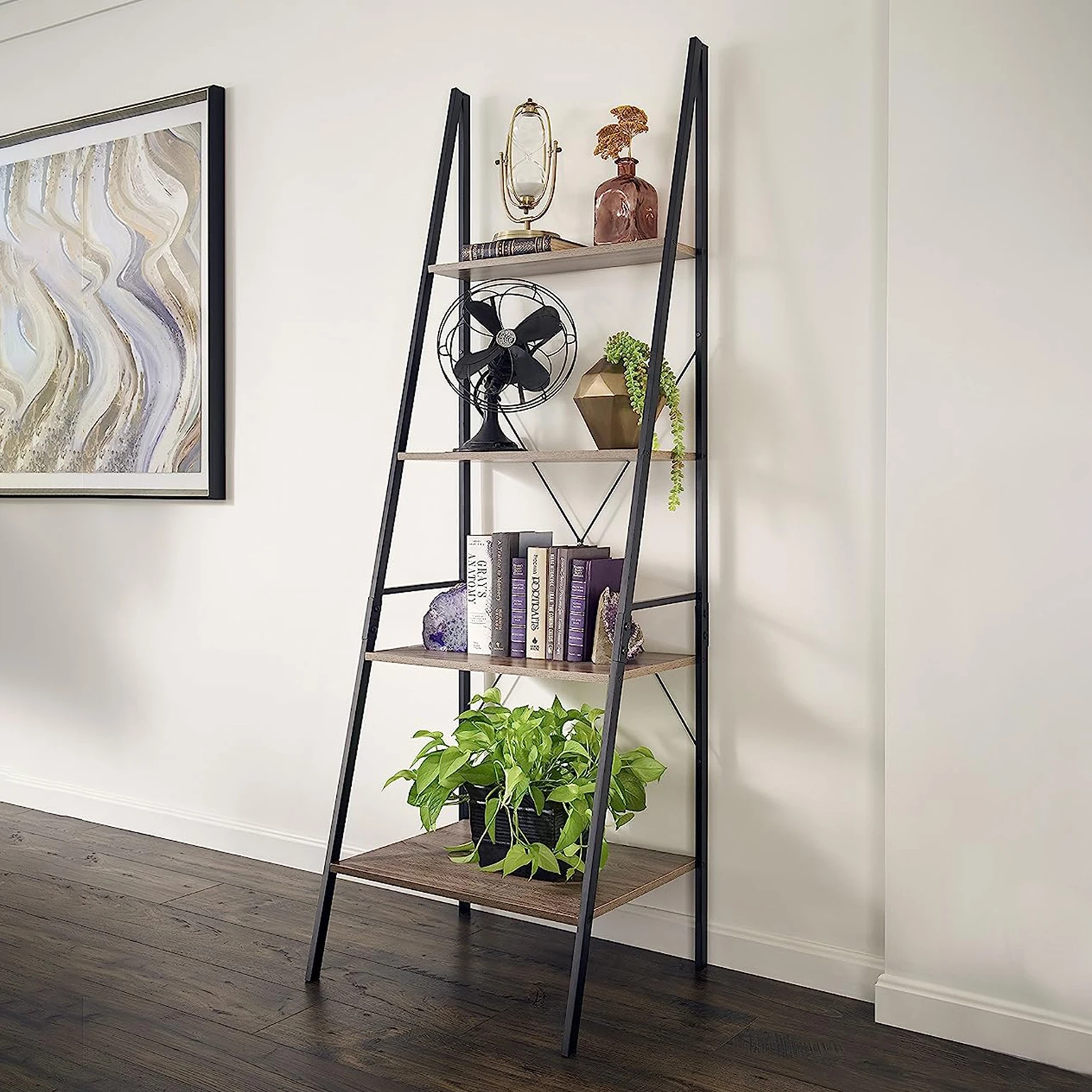 Industrial Ladder Shelf 4-Tier Wood Ladder Shelf Bookcase Wood Display