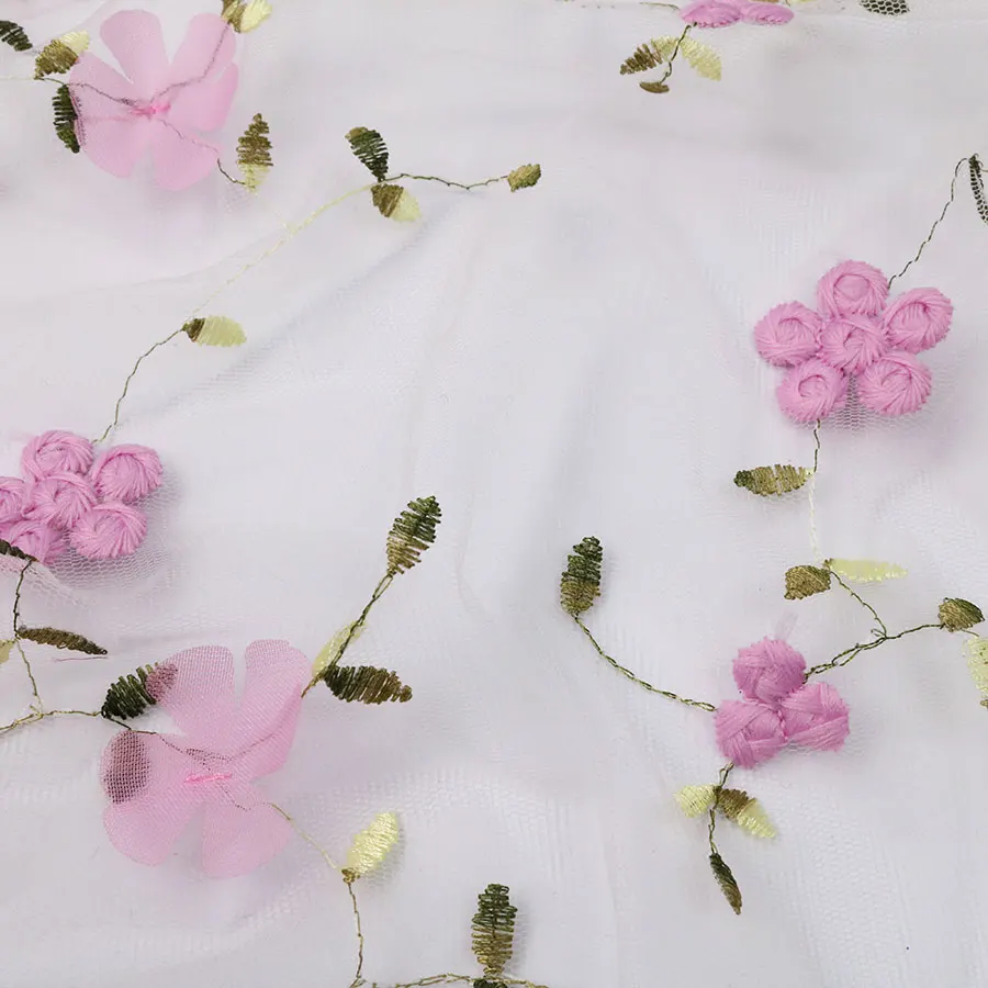 High Quality Lovely Pink and White 3D Laser Cut Embroidered Embroidery Lace Fabric for Wedding