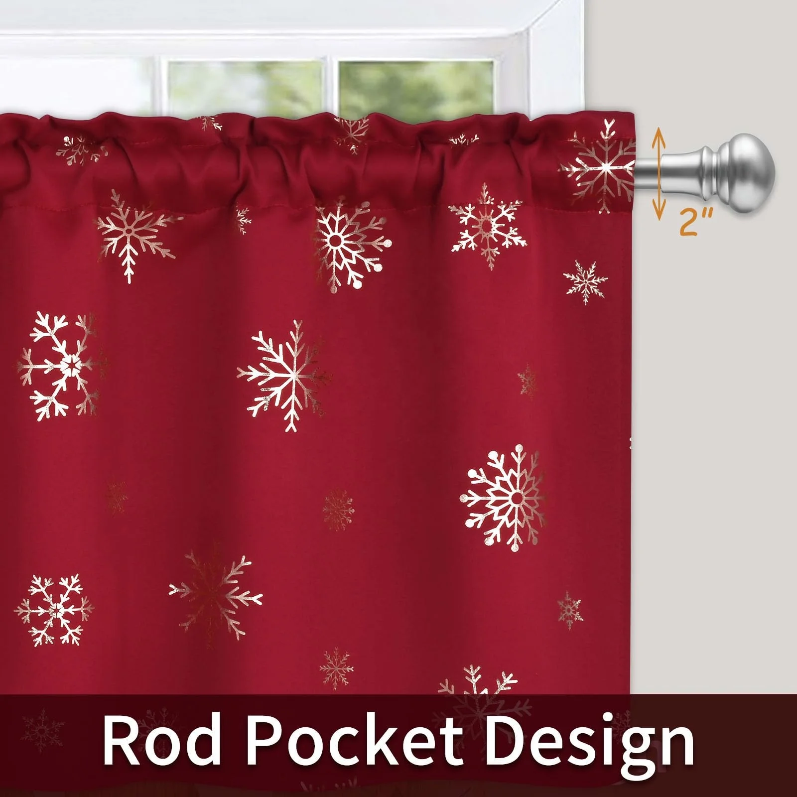 Bindi 2 Panels Gold Snowflake Foil Print Rod Pocket Red Christmas Tier Kitchen Curtains