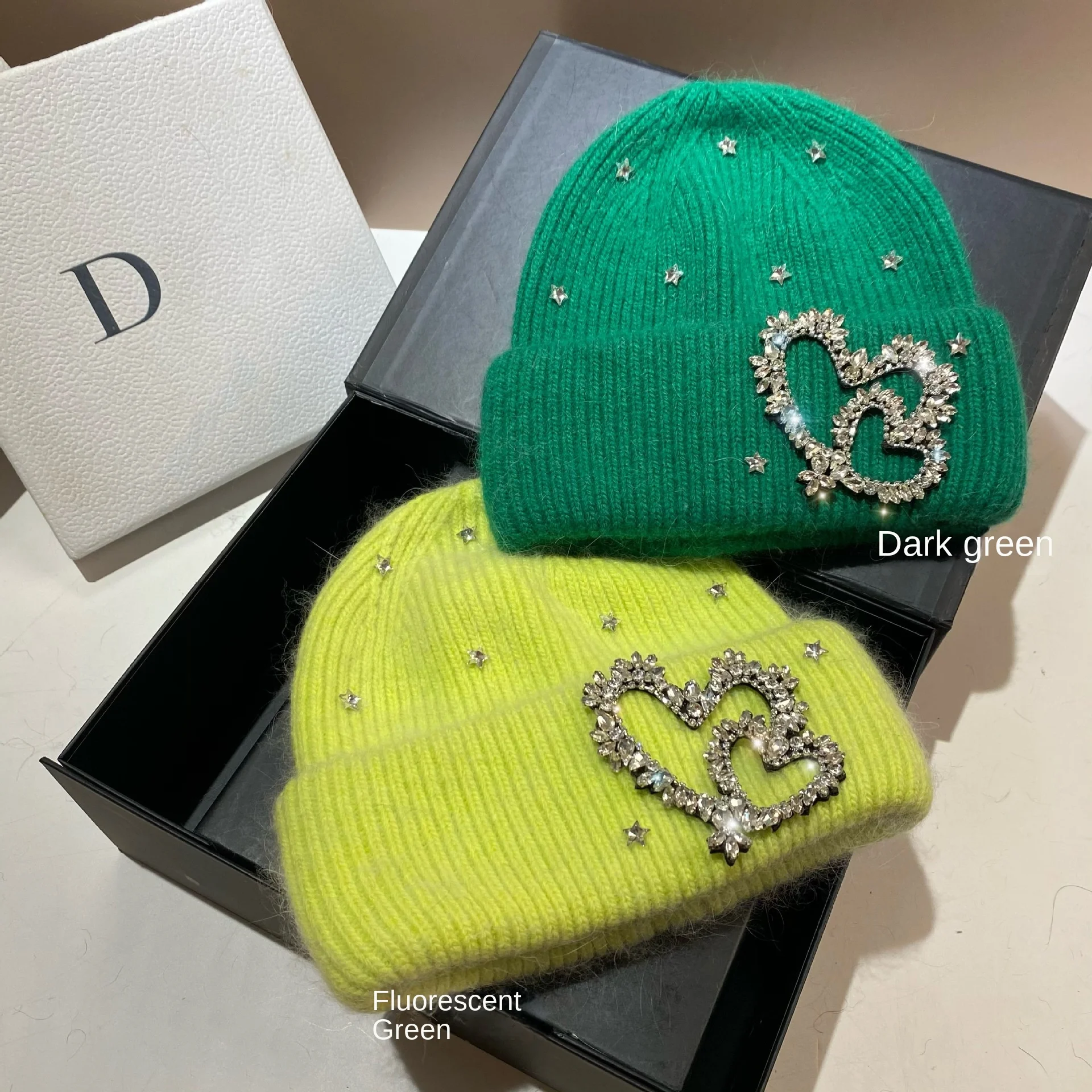 South Korea Heavy Industry Winter Outdoor Warm Ear Protection Beanies Sweet Wool Rhinestone Love Rabbit Hair Knitted Hat Cold