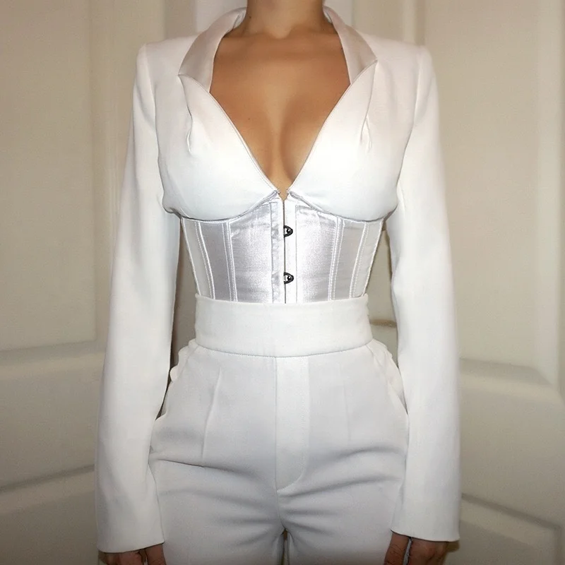 2020 Long Sleeve Corset Blazer Shirt in White Black Fall Clothing for Women