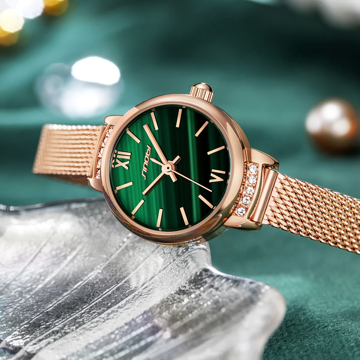 Rose Gold Mesh Elegant Lady Wrist Watch Little Green Dial Watch Charming Girls Watch S9853L