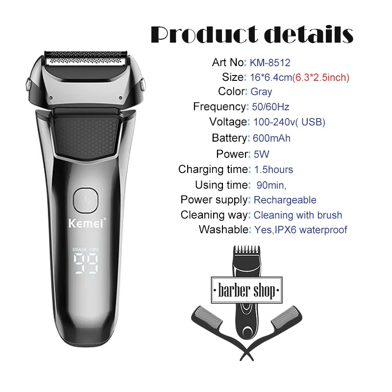 Kemei km-8512 electric shavers beard rechargeable shaving machine for men waterproof with LCD display Razor shavers bald trimmer