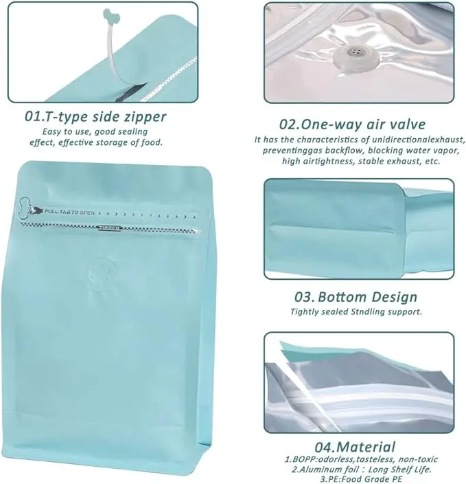 Coffee Bags with Valve Aluminum Foil Flat Bottom Standing Coffee Beans Storage Bags Reusable Zipper Pouch